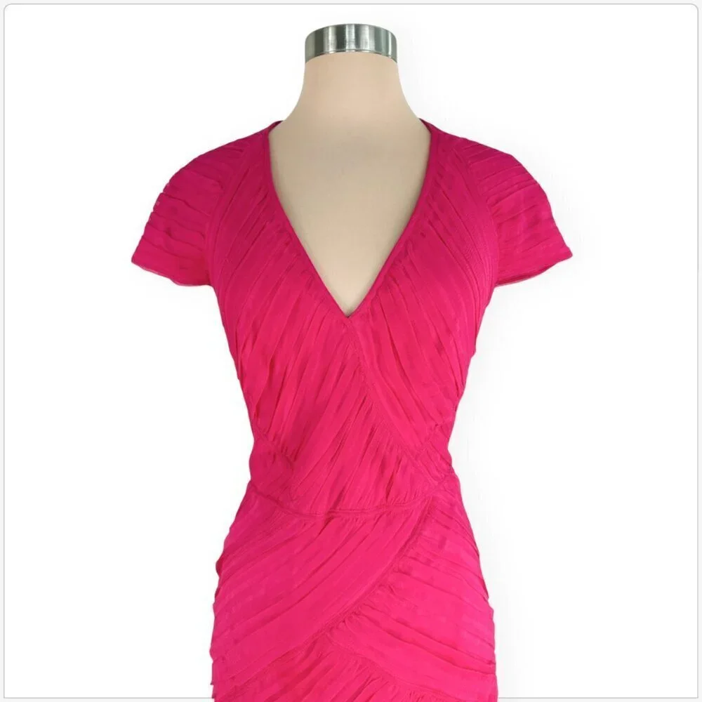 Tadashi Shoji Pink Fuchsia Silk Chiffon V-Neck Cocktail Party Sheath Dress 12